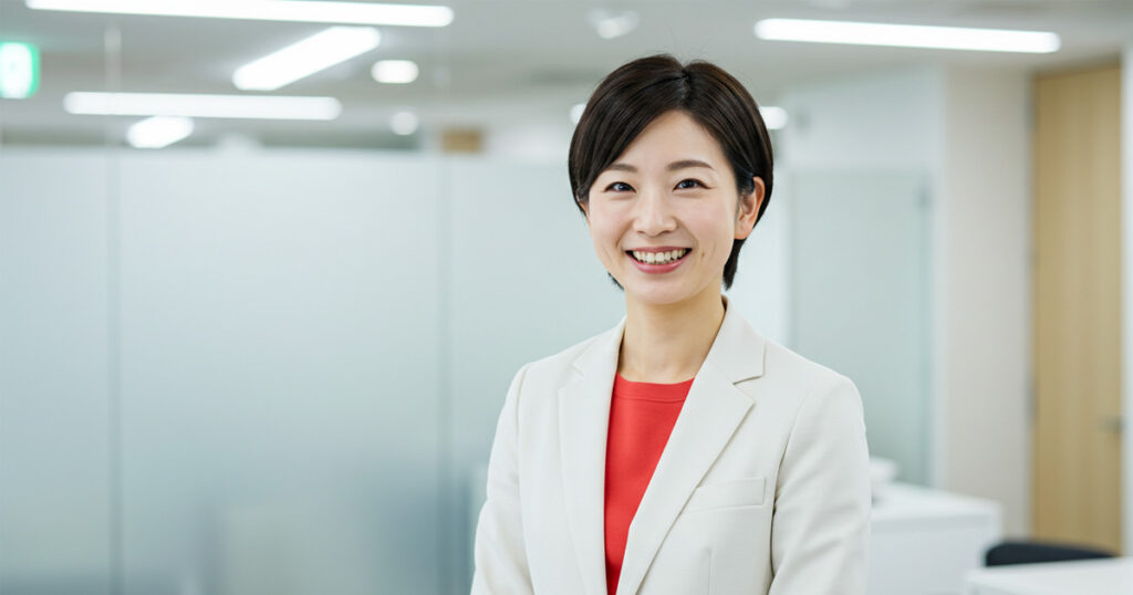 明るいオフィスで笑顔を見せる若手女性リーダー