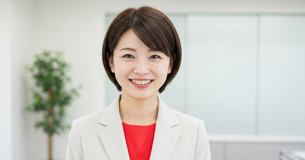 白いジャケットと赤いインナーを着た女性リーダーが、オフィスで笑顔を見せている。