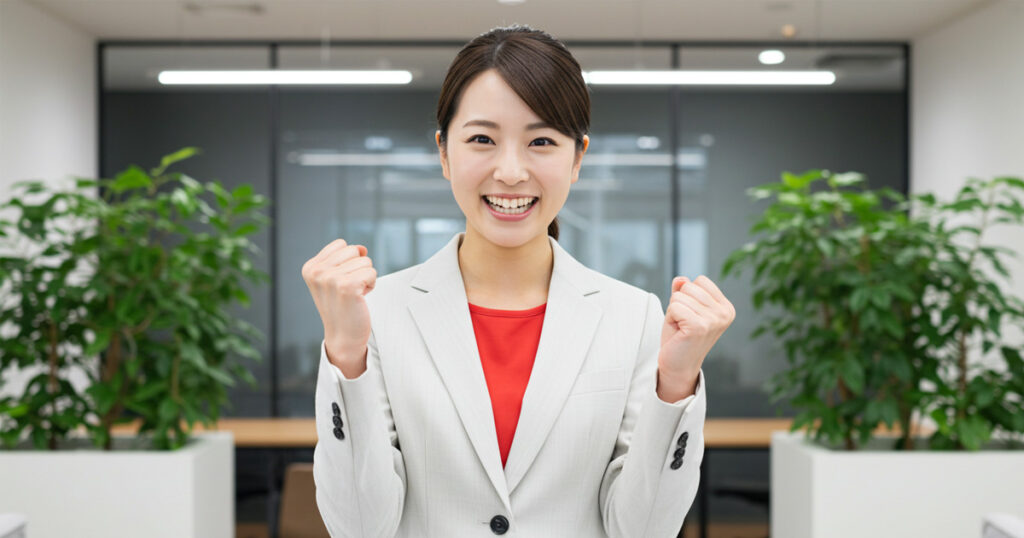 ガッツポーズをする白スーツの女性リーダー。L10ミーティングによって会議が成果につながる様子を表現