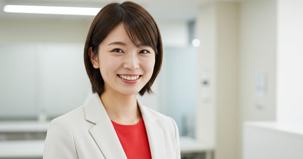 オフィスで笑顔を見せる女性リーダー。眠っている女性のプロ人材を見極める重要性を象徴するイメージ。