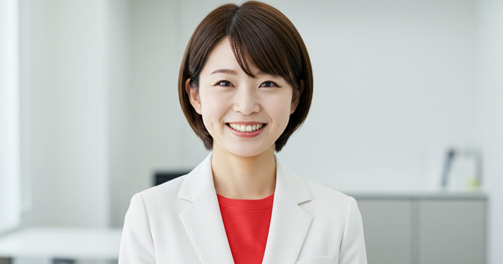 白いスーツに赤いインナーを着た女性リーダーが、オフィスで笑顔を見せている。