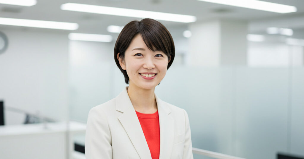白いジャケットを着た女性リーダーがオフィスで笑顔を見せている。信頼感と安心感を感じさせるビジネスシーン。