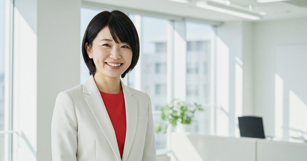 明るいオフィスで笑顔を見せる女性リーダー。数字でチームを動かす力を表現するイメージ