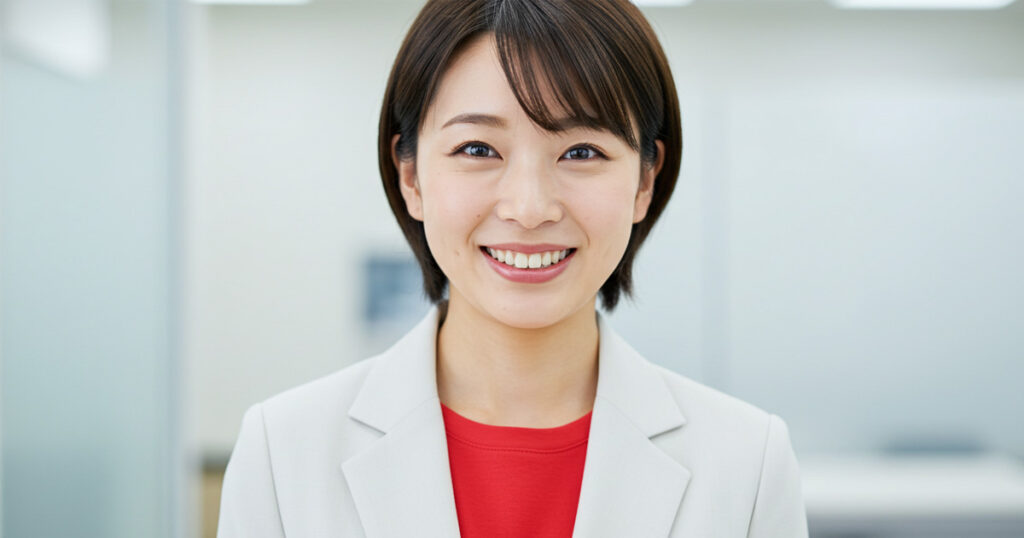 笑顔の女性リーダー。ビジョンが組織の進むべき方向を示す役割をイメージした写真