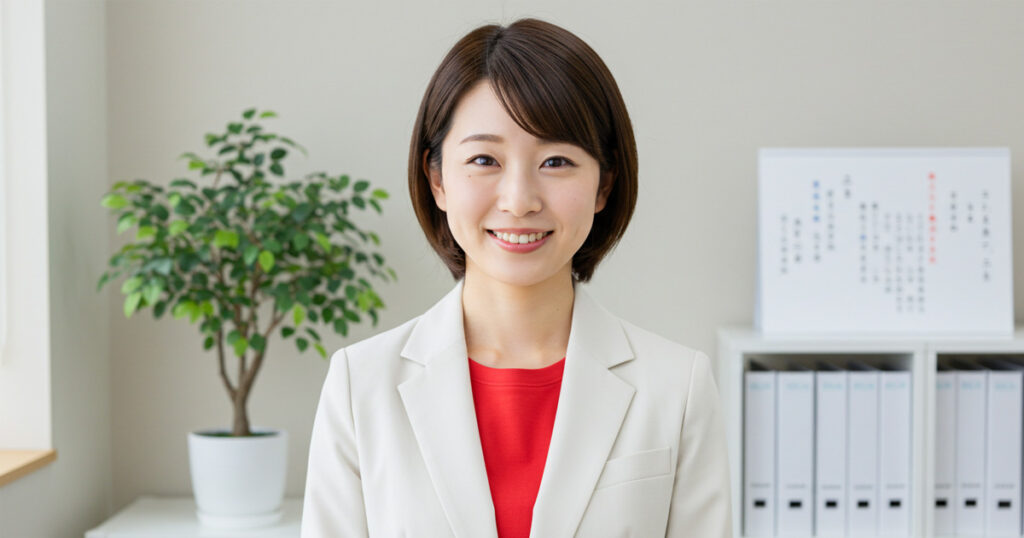 明るい笑顔でカメラを見つめる女性リーダー。組織で人材評価やチームマネジメントに取り組む姿。