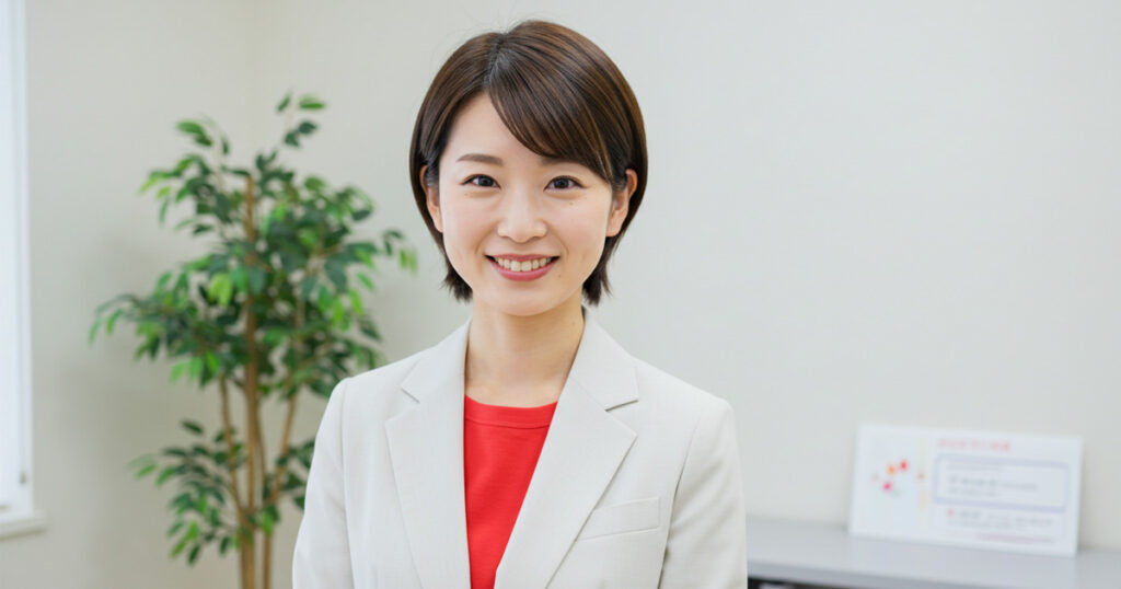 明るい表情でカメラに向かって微笑む女性リーダー。職場での自信と前向きさを示し、“中盤の壁”を越える力を象徴するイメージ。