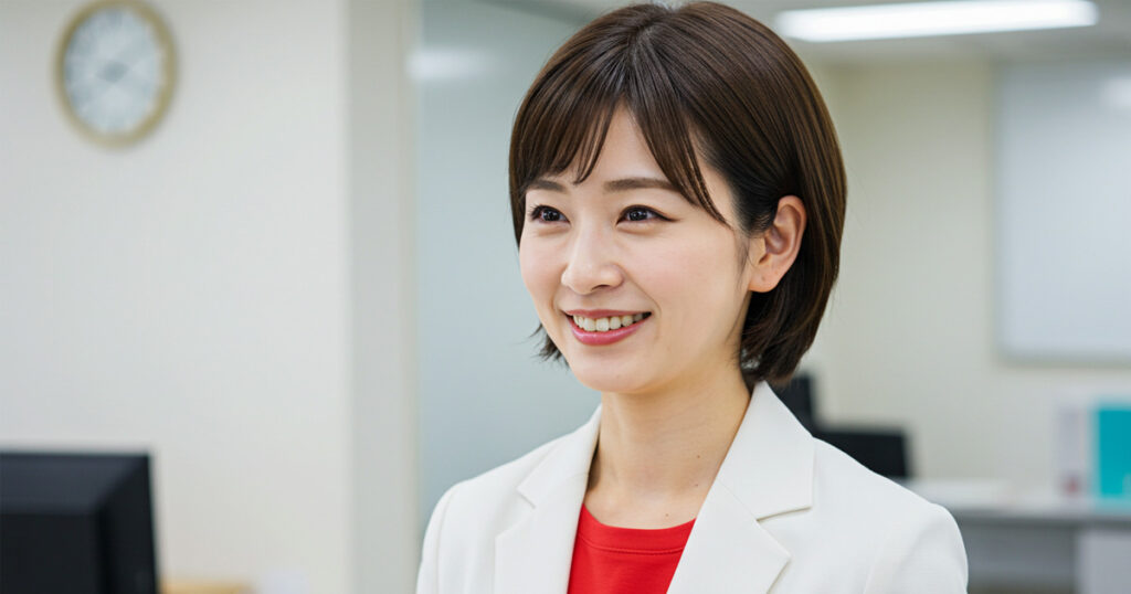 笑顔で会話する女性リーダー。マイルストーンと石（Rocks）の違いを理解し、現場感覚と経営視点を両立する姿をイメージした写真。