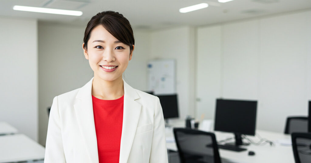 オフィスで笑顔を見せる女性リーダー。EOSの石(Rocks)を活用し、チームの優先課題に集中しているイメージ。