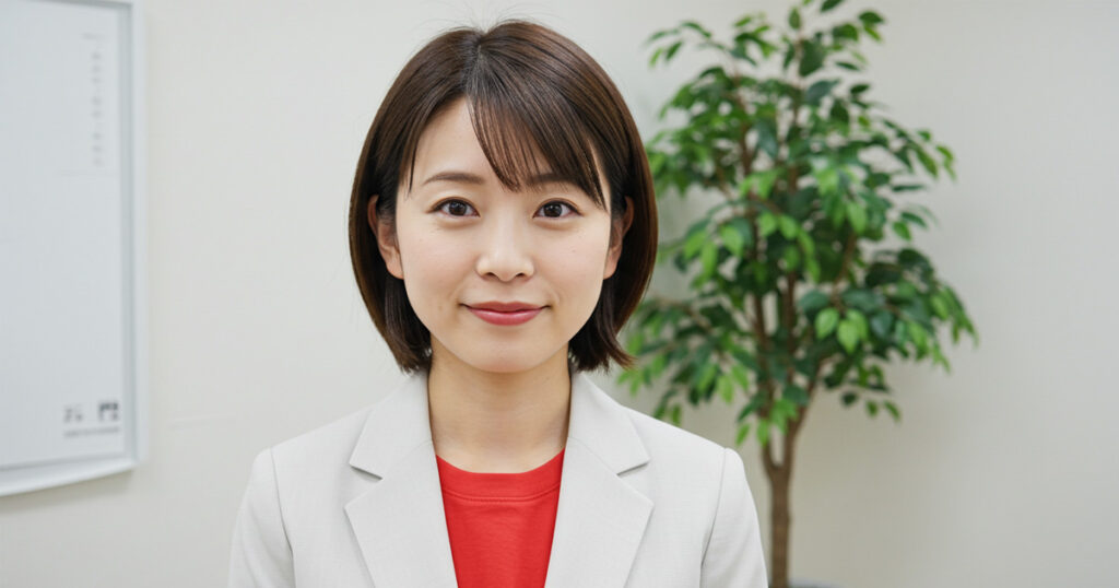 落ち着いた表情で前を見つめる女性リーダー。決断力と団結を促すリーダーの役割を象徴するビジネスシーン