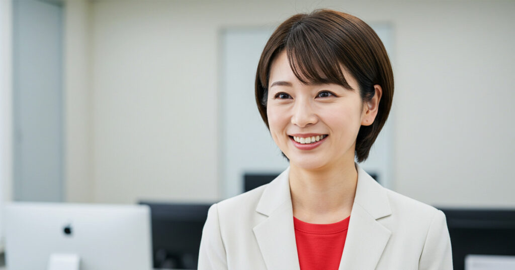 白いスーツに赤いインナーを着た女性リーダーが笑顔で部下に期待を伝えている様子。明確な言葉でマネジメントを実践する姿。