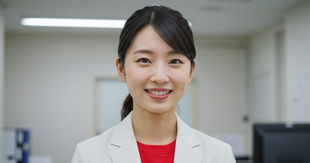白いスーツに赤いインナーを着た女性リーダーが笑顔で前を向いている。EOSにおける「正しい人」のイメージを表現している。