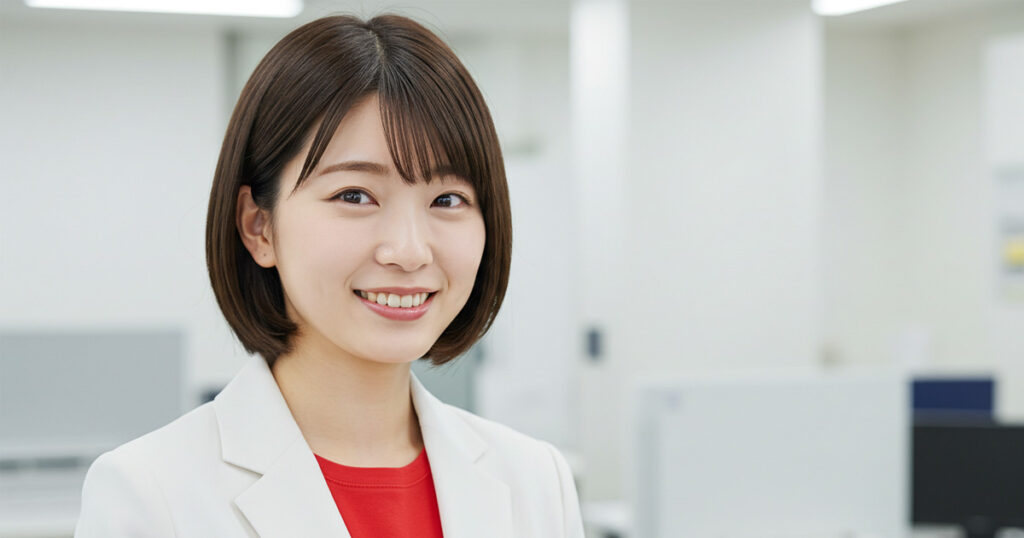 白いスーツに赤いインナーを着た女性リーダーがオフィスで笑顔を見せている。EOSによる公平なチームビルディングを象徴するイメージ。