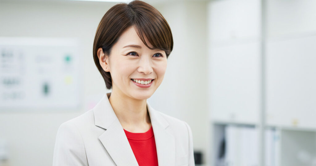 白いスーツに赤いインナーを着た女性リーダーが、オフィスで笑顔を見せている。女性の時間と力を経営資源として活かす重要性を示すイメージ。