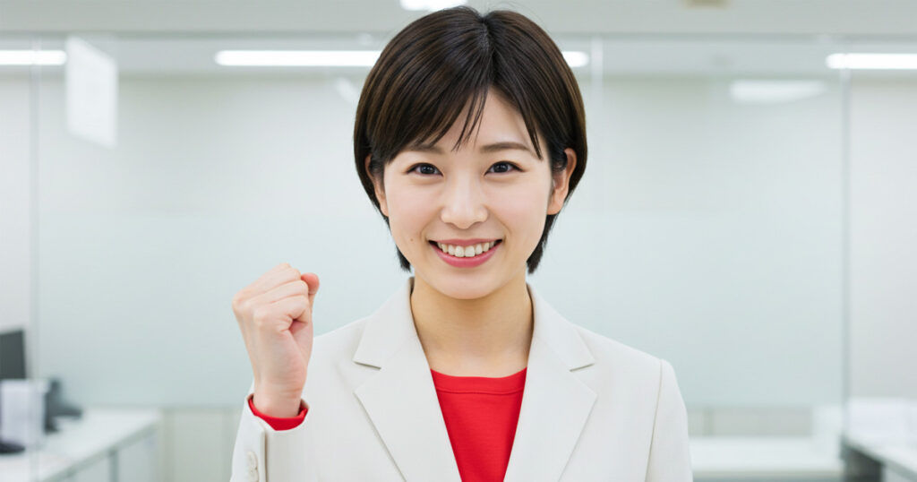 白いジャケットに赤いインナーを着た女性リーダーがオフィスで拳を握り、前向きな表情を見せている。
