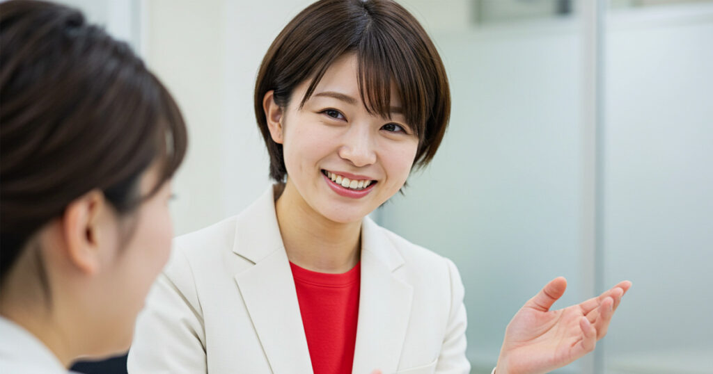 女性リーダーがチームメンバーと対話しながら、コアプロセスの重要性を共有している様子