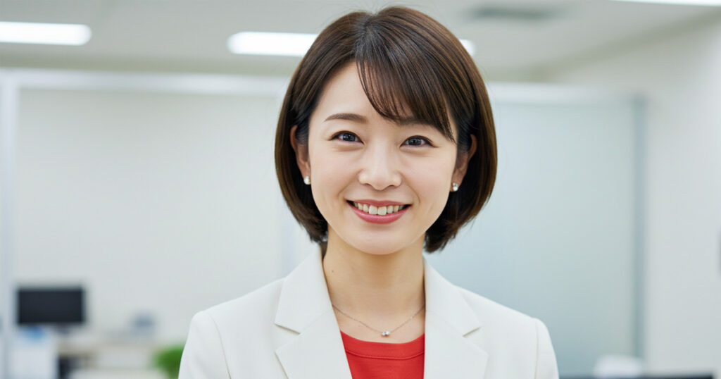 白いスーツに赤いインナーを着た女性リーダーが、オフィスで穏やかに微笑んでいる。適材適所の配置転換をイメージさせる。