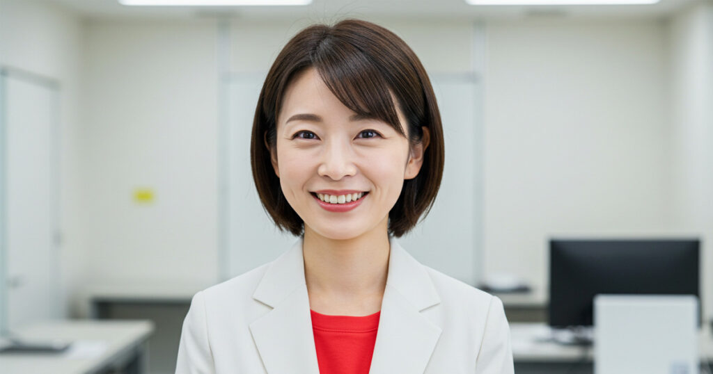 白いジャケットに赤いインナーを着た女性リーダーが笑顔で前を向いている。役割を定義し、成果責任の柱をつくることをイメージした写真