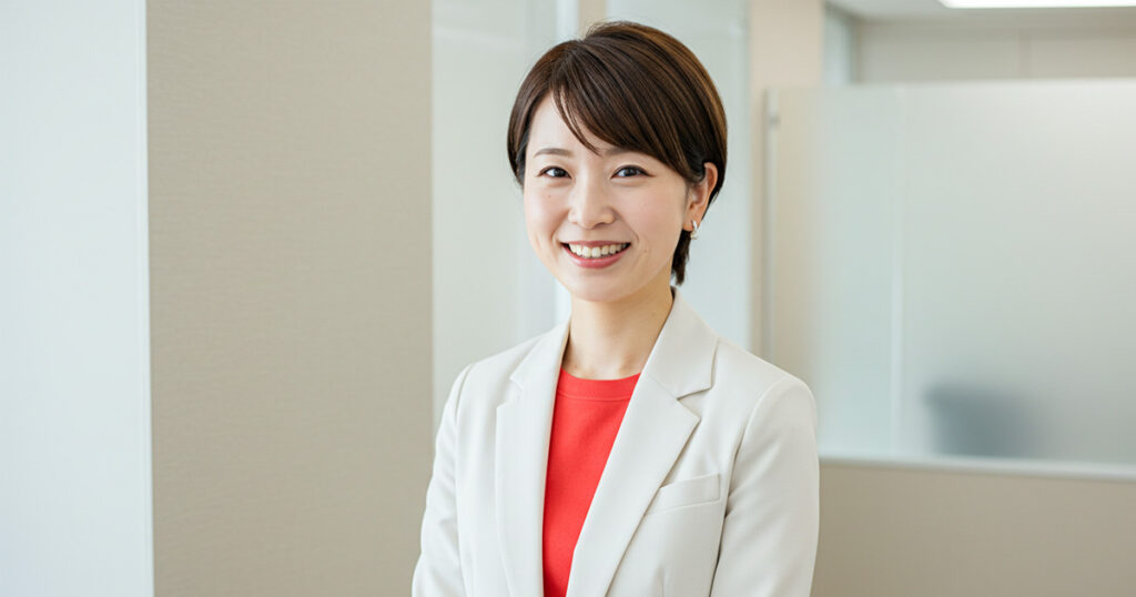 笑顔の女性リーダーが職場で立つ姿。EOSを活用して企業文化を浸透させるイメージ。