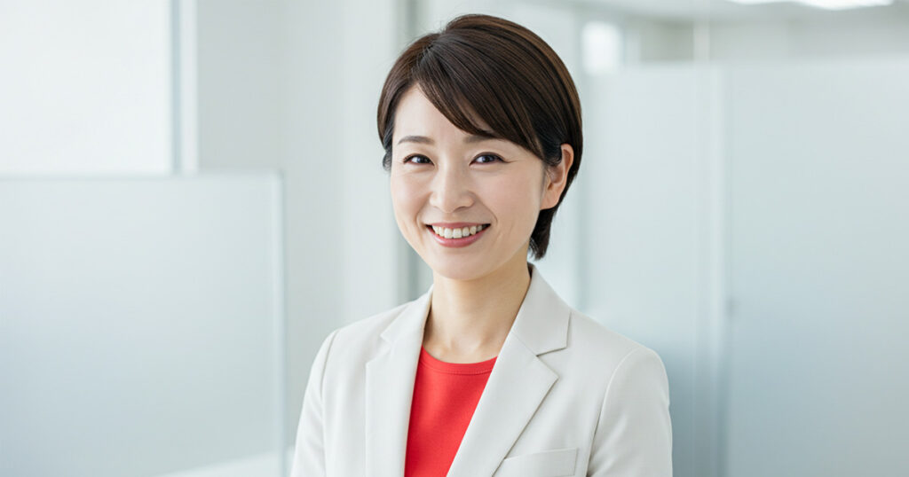 白いスーツに赤いインナーを着た女性リーダーが笑顔で立つ。EOSの24時間ルールを実践し、健全な組織文化をつくる姿を象徴する。