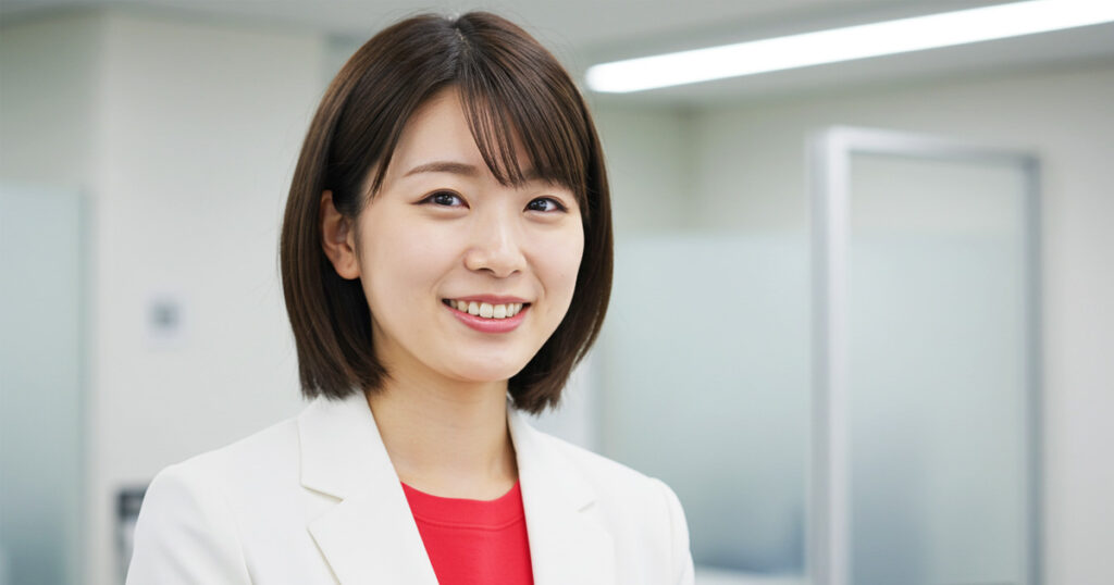 笑顔で会話に臨む女性リーダー。アウトプットを通じて思考を整理し、リーダーシップを磨いている様子。