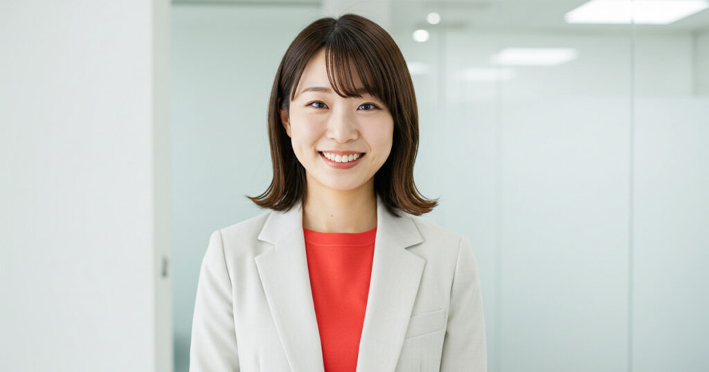 オフィスで笑顔を見せる女性ビジネスパーソン。前向きな姿勢でチームのコミュニケーションをデザインする様子を表現。