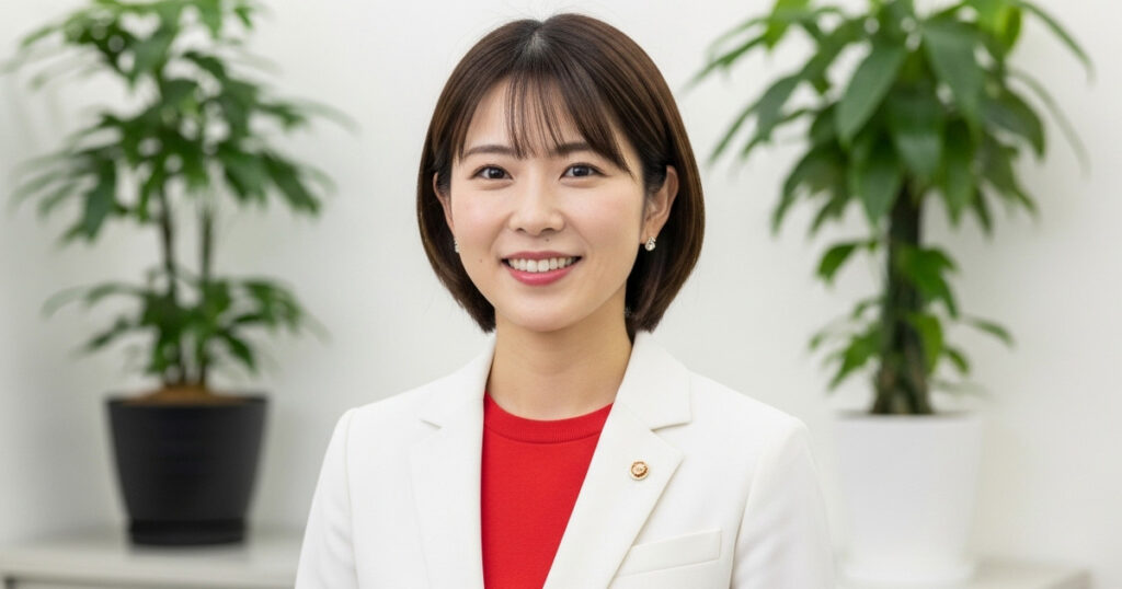 白いジャケットを着た女性が穏やかに微笑んでいるポートレート写真。背景には観葉植物が置かれ、落ち着いた印象の職場環境が写っている。