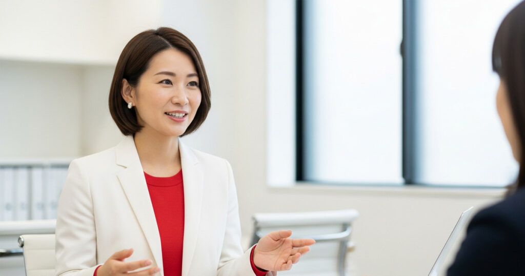 オフィスで部下と対話する女性リーダー。信頼関係を築く健全なコミュニケーションの様子。